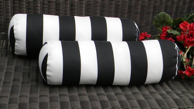 SET OF 2 Indoor / Outdoor Decorative Bolster Neckroll Pillows Black and White Stripe image 2