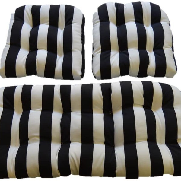 Black and White Cabana Stripe Outdoor Fabric Cushions for Wicker Loveseat Settee & 2 Matching Chair Cushions ~ 3 Piece Cushion Set ~ 2 Sizes