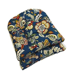 Set of 2 Indoor Outdoor U-Shape Tufted Wicker Chair Seat Cushions - Peacock Blue Floral Scroll