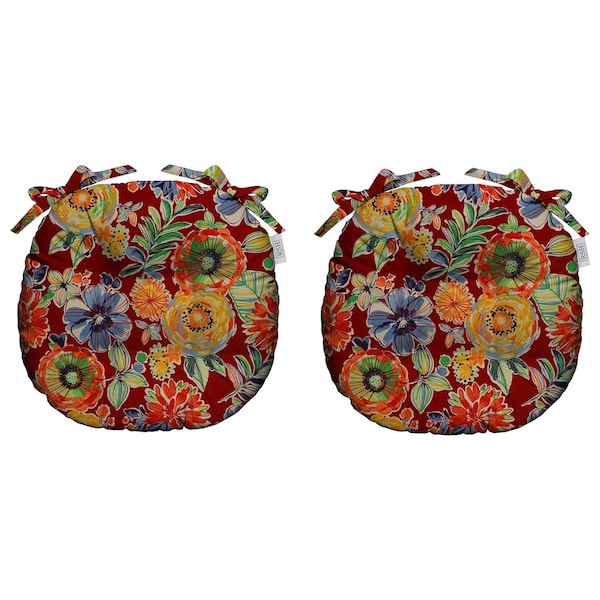 RSH Decor Set of 2 Round Tufted Bistro Cushion with Ties, Colsen Berry Red Whimsical Floral Flower print, Choose from 3 Sizes 16", 18", 20"