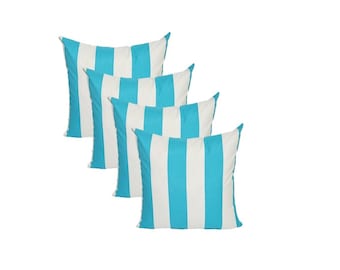 Set of 4 - 17" x 17" Indoor / Outdoor Cabana Cancun Blue and White Stripe Decorative Throw Pillows