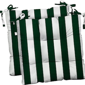 Set of 2 Outdoor Tufted Cushions with Ties for Patio Dining Seat Chair ~ Select Size ~ Hunter Green and White Cabana Stripe Striped