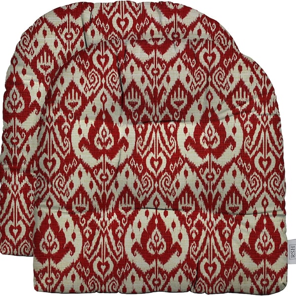 RSH Decor Set of 2 Wicker Style U-Shape Chair Tufted Cushion ~ Ashmore Red Damask Ikat Scroll print, Select from 2 sizes