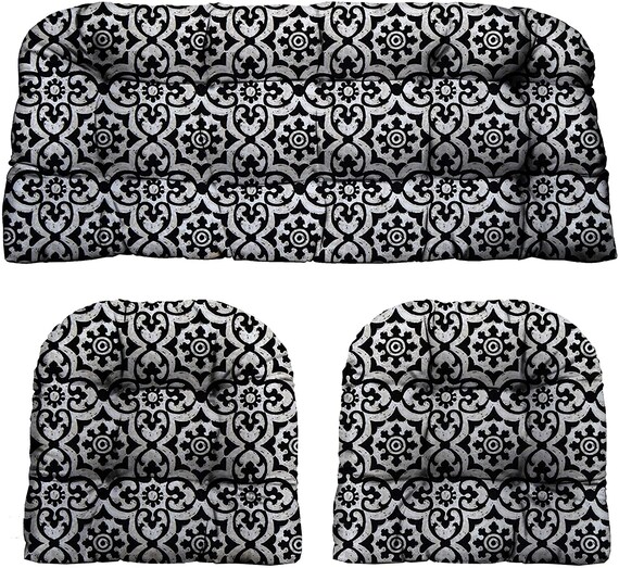 Black Matte Athens Fretwork Scroll Print Indoor Outdoor 3 Piece Wicker Cushions Set Wicker Loveseat Settee 2 Matching Chair Cushions Etsy