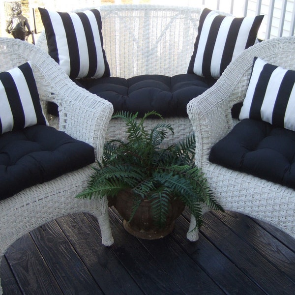 Outdoor Wicker Cushion and Pillow 7 Pc Set, Solid Black Cushions with 4 Black & White Stripe Pillows (Cushions only, Furniture not included)