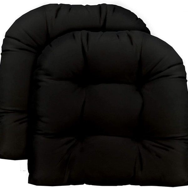 Set of 2 ~ LARGE 22" X 22" Universal Tufted U-Shape Cushion for Wicker Seat ~ Indoor / Outdoor ~ Solid Black