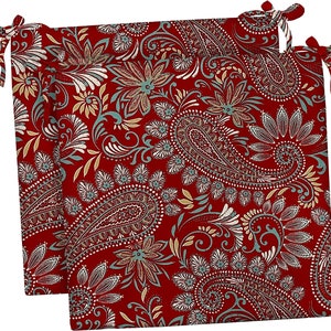 Set of 2 ~ Outdoor Chair Seat Cushions with Ties for Patio Chair 2&quot; or 3&quot; Poly Foam- Eastman Berry Red Paisley Scroll, Choose Size
