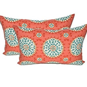 Set of 2 Throw Pillows Rectangle In/Outdoor Coral, Turquoise Sundial - 11" x 19"