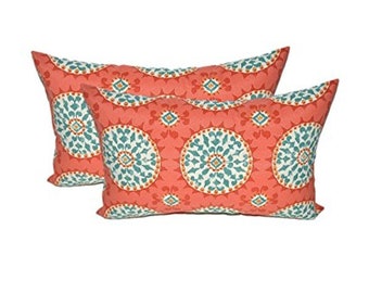 Set of 2 Throw Pillows Rectangle In/Outdoor Coral, Turquoise Sundial - 11" x 19"
