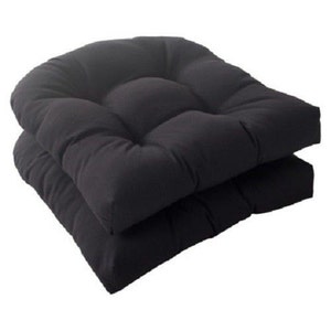 Set of 2 ~ Universal Tufted U-Shape Cushion for Wicker Seat ~ Indoor / Outdoor ~ Weather Resistant Fabric ~ Solid Black Fabric