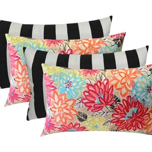 Set of 4 Lumbar Rectangle Pillows Artistic Floral & Black/White Stripe - Choose Size 20&quot; x 12&quot; or 26&quot; x 16&quot;
