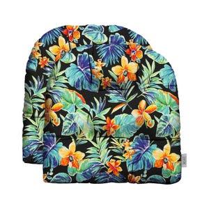 May include: Two chair cushions with a tropical floral pattern. The cushions feature a black background with vibrant green leaves, teal and purple foliage, and orange and yellow flowers. The cushions are curved and padded.