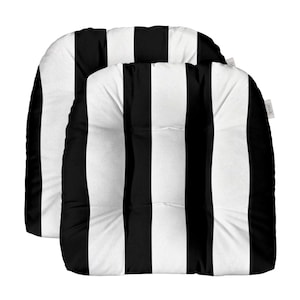 May include: Two black and white striped chair cushions. The cushions are made of a soft, comfortable fabric and have a tufted design.