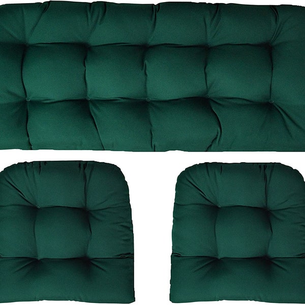 Acrylic Solution Dyed Canvas Forest Green Indoor Outdoor 3 Piece Wicker Cushions Set ~  Wicker Loveseat Settee & 2 Matching Chair Cushions