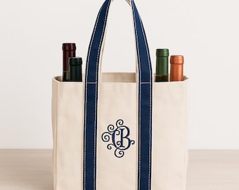 Custom Wine Tote, Personalized 4-Bottle Canvas Wine Bag, Embroidered Beverage Carrier, Monogram Hostess, Bridemaid or Bachelorette Gift