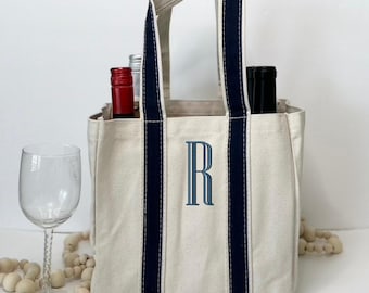 Personalized Wine Canvas Tote, Monogrammed Wine Bag. 4 Bottle Custom Wine Carrier, Beverage Tote,  Hostess Wine Gift, Embroidered Wine Bag