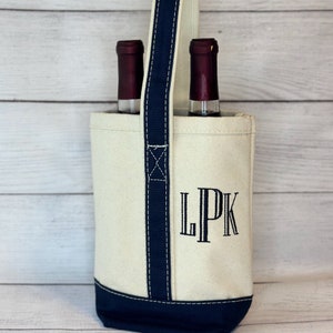 Monogrammed Double Wine Bottle Canvas Tote, Personalized Traveling Wine Bag, Beverage Tote for Hostess, Wedding, Bridal or Groom Gift