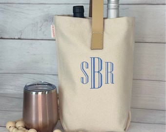 Double Wine Tote, Personalized Canvas Beverage Carrier 2 Bottle Bag, Monogram Wine Lover Gift, Hostess Gift for Woman, Liquor Holder Leather