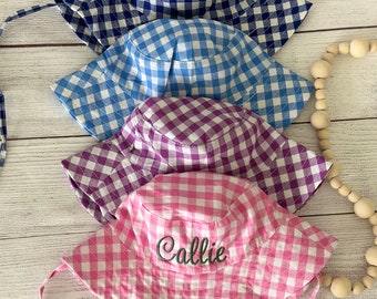Personalized Sun Hat for Toddler with Embroidered Name, Monogram Boys or Girls Kids Floppy Beach Hat with Ties, Bucket Seersucker Swim Cap