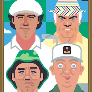May include: A framed illustration of four people with different hats and facial expressions. The people are wearing a white hat, a striped hat, a camouflage hat, and a white hat with an anchor emblem. A small brown animal is in the bottom center of the image.