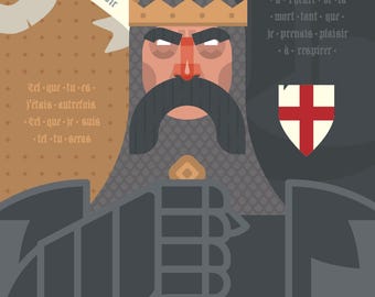 May include: A digital illustration of Edward the Black Prince, a historical figure, in a black and grey armor with a gold crown. The background is a brown and grey pattern. The text "Edouard le prince noir" is written in a white banner. The text "Je pensais-pru -à-l'heure-de-la -mort-tant que je prenais plaisir ⚫à respirer." is written in black on a grey background. The text "erl-qur-tu-rs- j'étais autrefois Tel que je suis -tri-tu-seras" is written in black on a brown background.