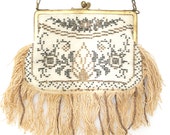 Vintage-1930's-ART DECO- glass beaded w/fringe-evening bag