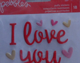 Pebbles Valentine Puff Stickers, Valentine Stickers, Puff Stickers, I Love You Stickers, Puffy Stickers, XO's Stickers, 18 Count Stickers,