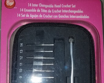 Boye 14 Steel Inter Changeable Head Crochet Set, Inter Changeable Set, Crochet Hook Set, 16 piece Sizes 1-14  w/Grey case