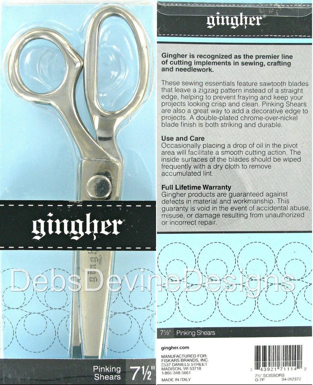 Gingher Pinking Shears, 7 1/2 Scissors, Ginger Scissors, Fine Quality