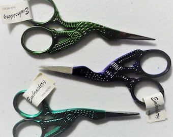 Avery 3 1/2 Embroidery Scissors, Stork Scissors, Embroidery Scissors, Green, Purple, Teal Colored,