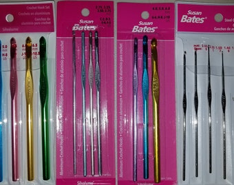 Susan Bates Crochet Hook Sets, Steel Hooks(6 Hooks 0,1,7,8,9,10)Silvalume Hook Set (3 Hooks, G,H,J)(4 hooks, C,D,E,F)(6 hooks F,G,H,I,J,K)