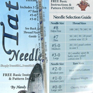 May include: A close-up of a needle selection guide for tatting. The guide includes a chart with needle sizes and corresponding thread sizes, including extra fine, fine, medium, and large needles. The chart also lists the yarn sizes that correspond to each needle size, including most 100% cottons, worsted weight, and chunky weight. The guide also includes a small image of a tatted doily and the text "Handy Hands" and "www.hhtatting.com".
