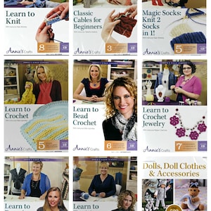 May include: A collection of nine Annie's Crafts video classes featuring various crochet projects, including knit socks, bead crochet, and doll clothes. Each DVD includes a pattern CD.