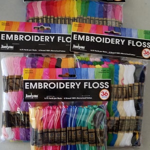 Janynn 6-trådig broderigarn 100 % merceriserad bomull 8,75 yards per härva Jumbopack 105 härva eller pastellfärgad eller brokig eller primär 36 härva
