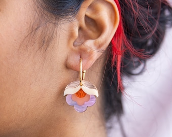 Retro Flower Pink Orange Hoop Earrings | Laser Cut Floral Acrylic Earrings | Anna | Rose Colourway