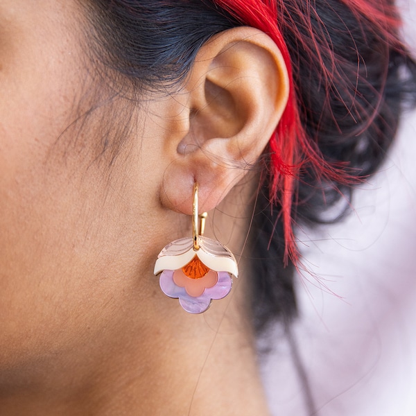 Retro Flower Pink Orange Hoop Earrings | Laser Cut Floral Acrylic Earrings | Anna | Rose Colourway