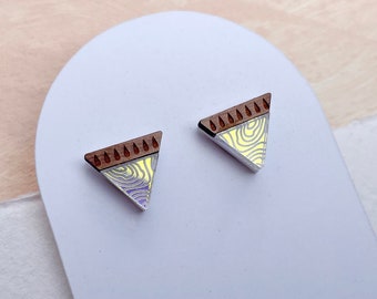 STOCK CLEARANCE: Engraved Mini Triangle Stud Earrings in Wood and Iridescent