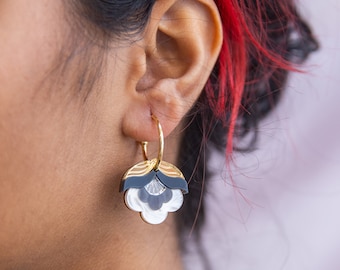 Retro Flower Monochrome Gold Hoop Earrings | Laser Cut Floral Acrylic Earrings | Anna | Metallic Colourway