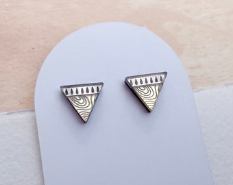 STOCK CLEARANCE: Engraved Mini Triangle Stud Earrings in Gold and Bronze on Black