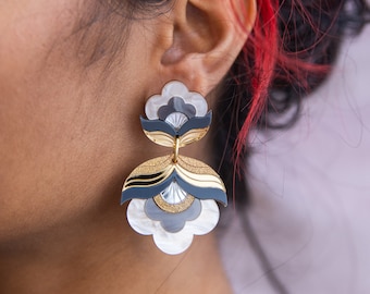 PRE-ORDER: Monochrome Gold Retro Flower Statement Earrings | Anna | Laser Cut Floral Acrylic Earrings