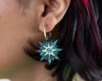 Emerald Green & Glitter Laser Cut Star Hoop Earrings | Seren Star Hoops
