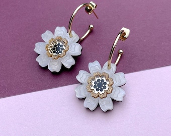 Laser Cut Daisy Floral Hoop Earrings | Gold and Pearl | Agnes Flower Acrylic Hoops