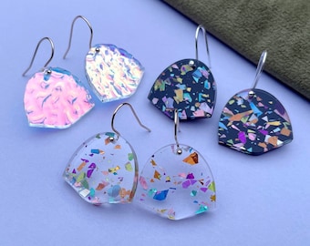 Mini Arch Drop Earrings | Laser Cut Geometric Dangle Earrings | Rainbow Glitter Iridesent Holographic