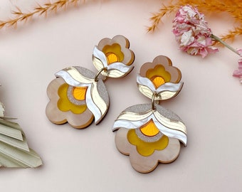 PRE-ORDER: Colourful Yellow Gold Retro Flower Statement Earrings | Anna | Laser Cut Floral Acrylic Earrings
