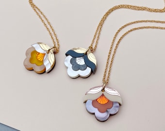 Retro Flower Colourful Mini Pendant Necklace | Anna | Laser Cut Floral Acrylic | Pink Yellow Cream