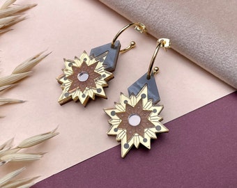 PRE-ORDER: Aurora Star Hoop Earrings in Gold and Bronze | Laser Cut Celestial Art Deco Earrings | Gold Grey Bronze Beige