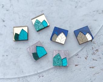 Geo-Botanical Tile Stud Earrings | Laser Cut Leaf Studs in Gold, Blue or Pastel Pink