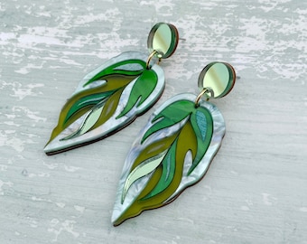 Calathea Leaf Drop Earrings : All the Greens | Statement Botanical Earrings | Laser Cut Engraved Perspex Acrylic