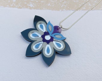 SECONDS: Lotus Large Pendant Necklace in Silver, Purple, Blue and Grey