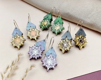 Aurora Star Mini Drop Earrings | Laser Cut Celestial Art Deco Earrings | Green Gold Lilac Iridescent